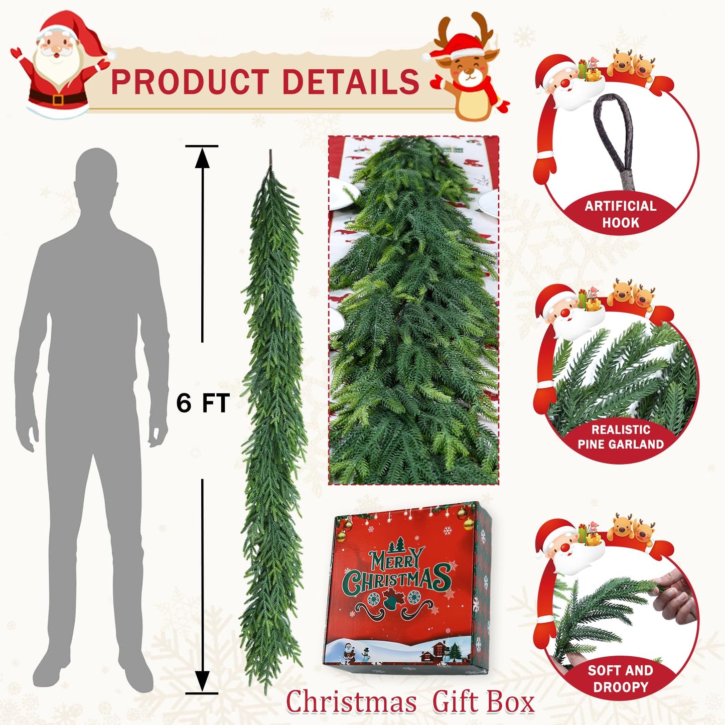 Christmas Cedar Garland for Staircase Real Touch Droopy Bendable Lifelike Faux Xmas Garlands for Decoration Christmas Green Pine Mantle Garland Thanksgiving Table Decorations Outdoor Indoor 72"