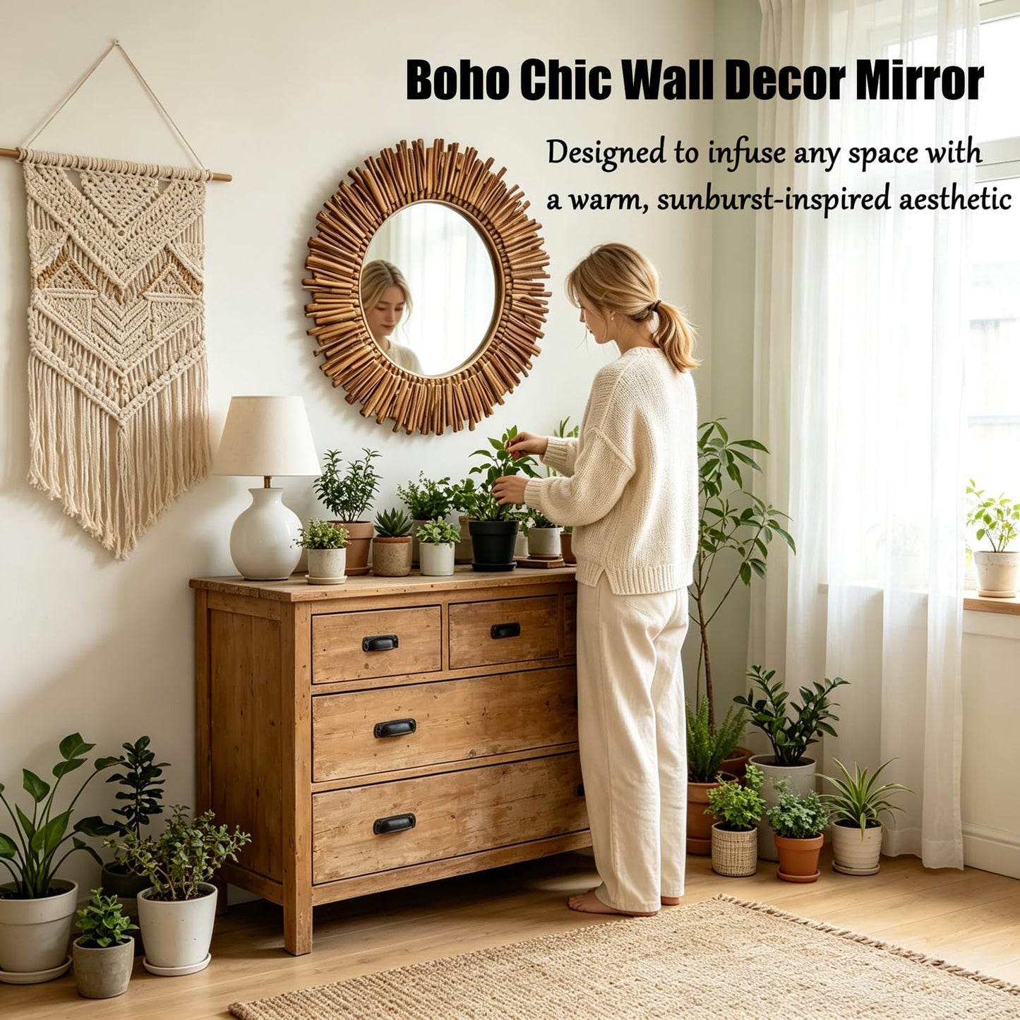 24 Inch Round Wall Mirror, Bohemian Sunburst Wall Mirror with Natural Wooden Stick Frame, Rustic Farmhouse Circle Decor Mirror for Bathroom, Bedroom, Living Room, Entryway Wall Art Decorative