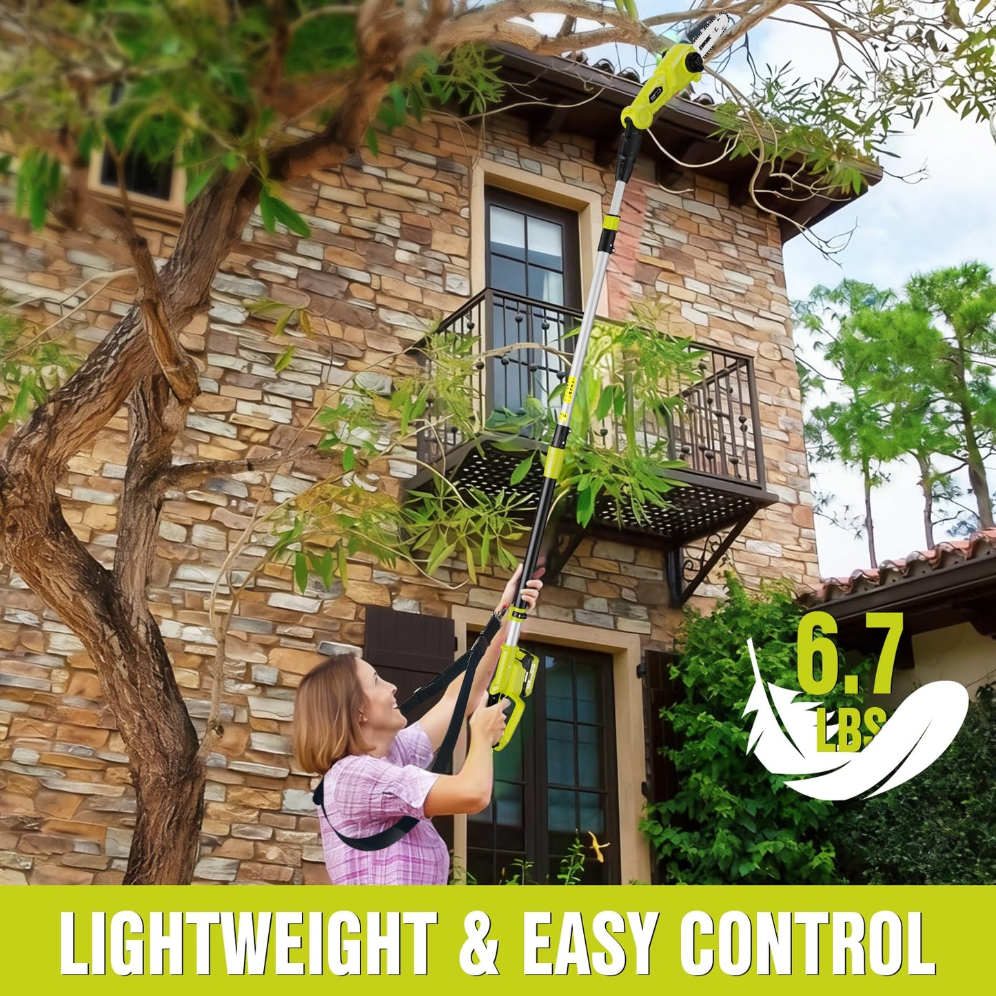 EWORK Electric Pole Saws for Tree Trimming 20V 8-Inch Cordless Pole Chainsaw, Extension to 14.8-Ft, 4-Angle Adjustable Head, Tool-Free Tensioning with 2x2.0Ah Battery & Fast Charger