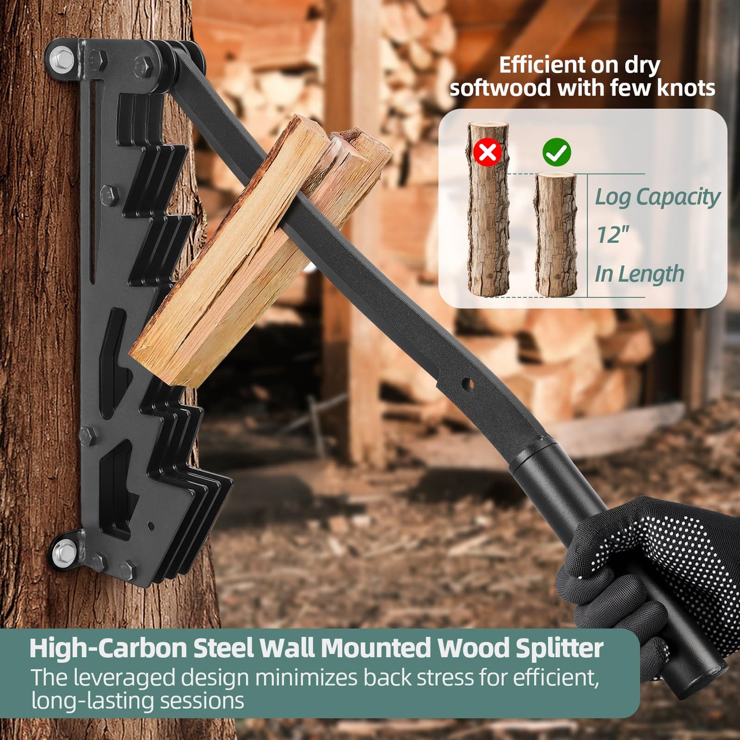 XCZNAGS Wall Mounted Wood Splitter: Dual-Handle Manual Kindling Splitter with 6-Tooth Clamping, Heavy Duty Steel Log Splitter for Soft Firewood, Includes Gloves and Screws for Indoor and Outdoor Use