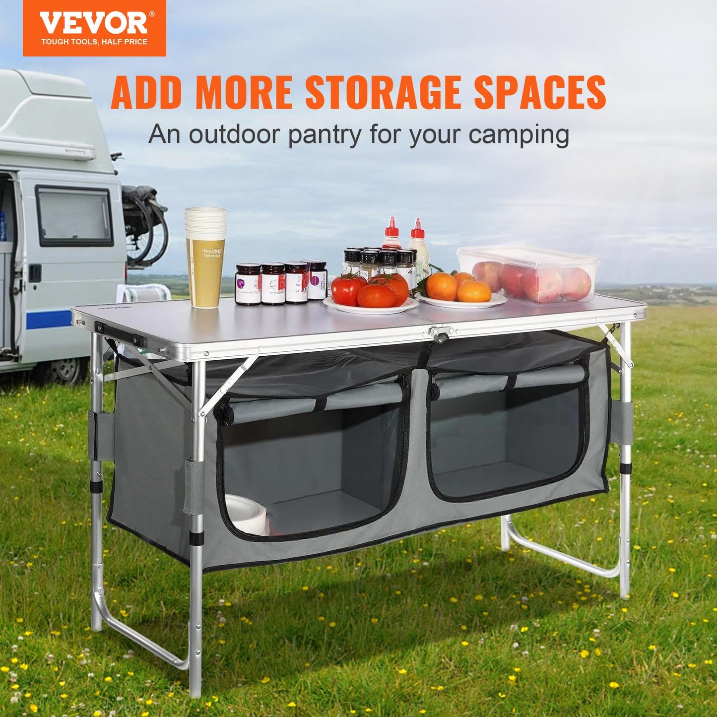 VEVOR Camping Kitchen Station, 3 Adjustable Height Folding Outdoor Camp Cooking Table with Storage Organizer, Quick Set-up for Patio BBQ Picnic Glamping Traveling
