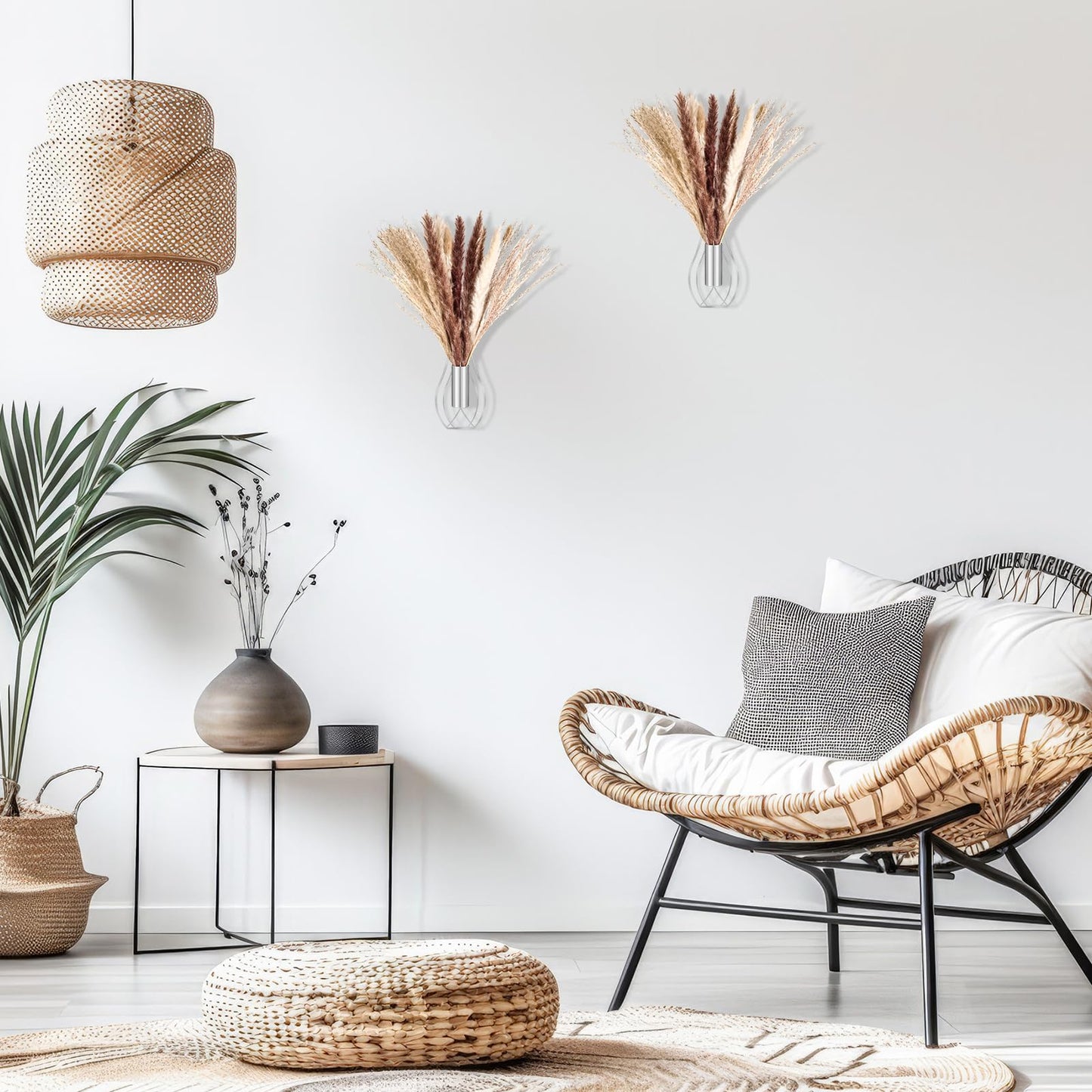 Otoolling Boho Wall Decor Set of 2 – Metal Hanging Wall Art with Faux Pampas or Eucalyptus,Minimalist Bohemian Accent for Living Room, Bedroom, Entryway(Silver,Pampas)