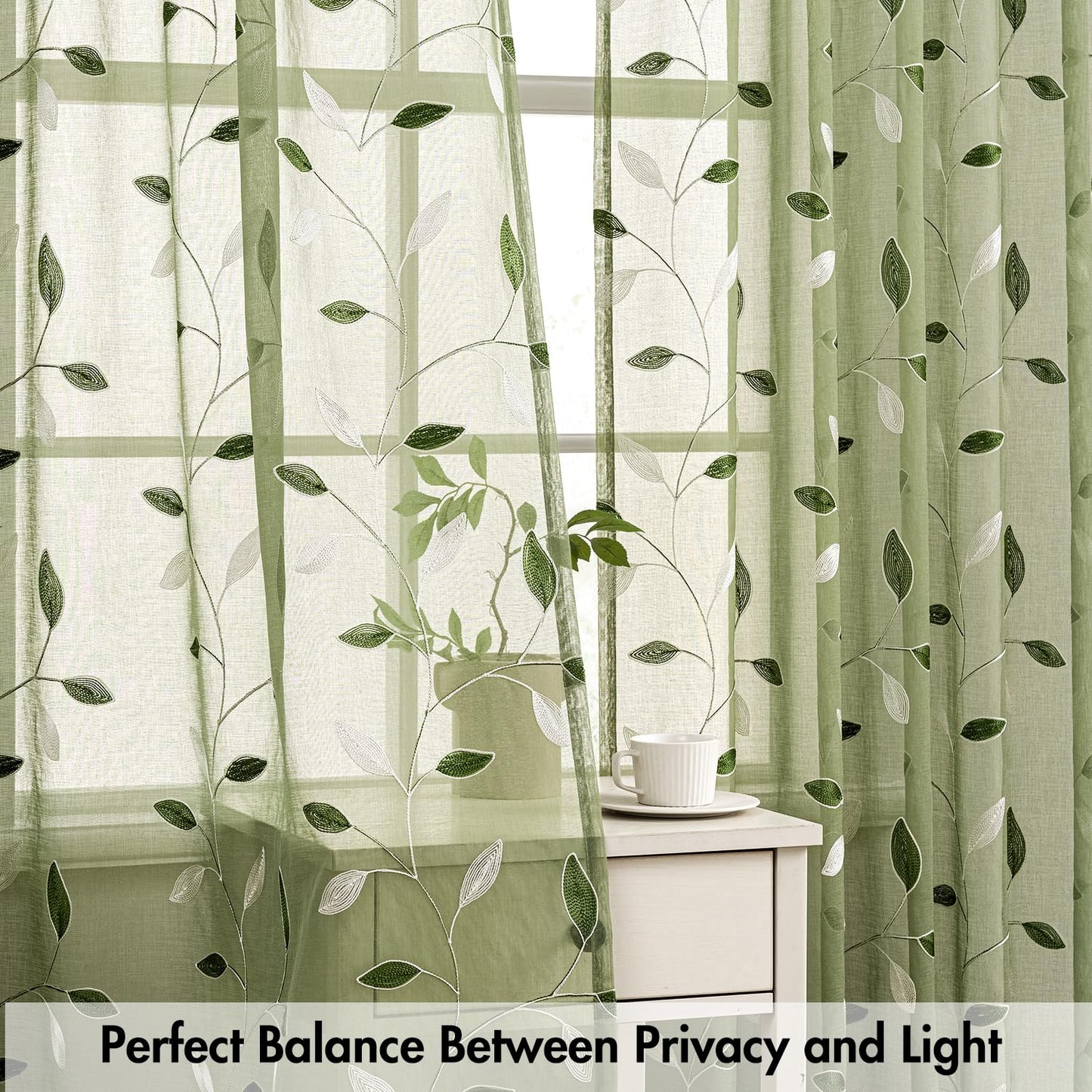 MIULEE Sage Green Sheer Curtains 2 Panels Embroidered Leaf Patterned Rod Pocket Floral Semi Sheer Faux Linen Window Curtains Drapes Set for Living Room Bedroom Dining Room, 52x84 Inches Long