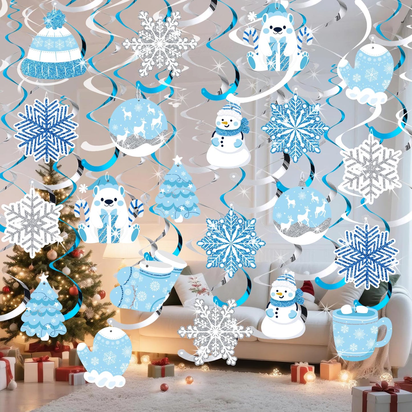 30Pcs Winter Wonderland Party Decorations Winter-Themed Hanging Swirls Snowflake Snowman Ceiling Hanging Streamers Ornaments for Xmas Wonderland Frozen New Year Birthday Party Supplies