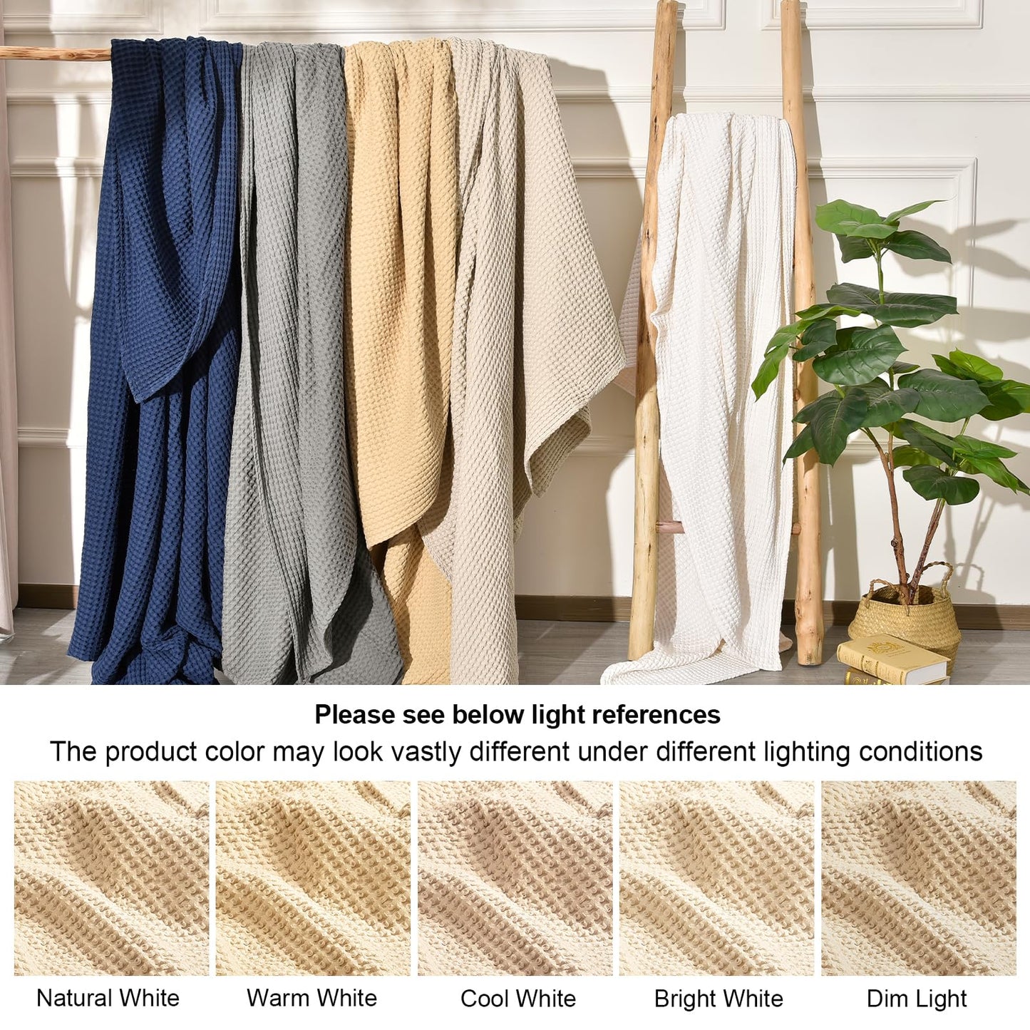 PHF 400GSM 100% Washed Cotton Waffle Weave Blanket, Cozy Breathable Skin-Friendly Throw King Size for All Season, Luxury Fall Layer Bedspread for Couch Bed Sofa, Elegant Home Decor,Beige,104"x90"