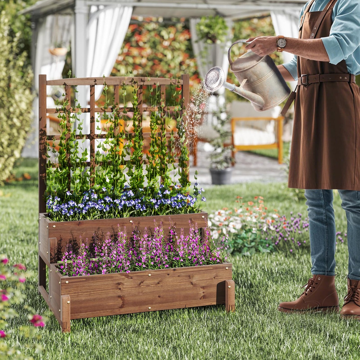 Giantex 2 Pcs Raised Garden Bed with Legs and Trellis, 2-Tier Standing Planter Box with Drain Holes, Outdoor Elevated Garden Trellis for Vine Climbing, Flower Vegetable Fruit Herb Growing