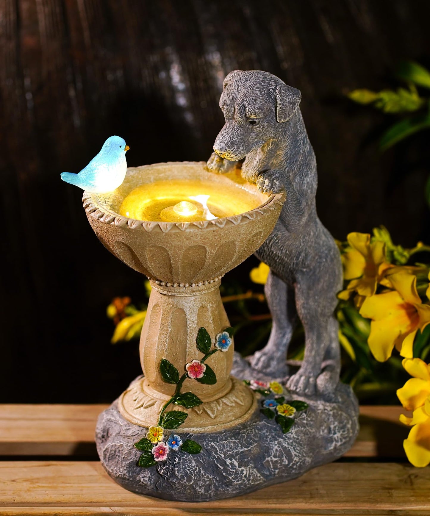 Nacome Solar Dog Garden Statues: Weatherproof Resin Decor with Automatic Lighting - Outdoor Yard Lawn Patio Balcony Art - Gifts for Mom Grandma Women Bird Lovers
