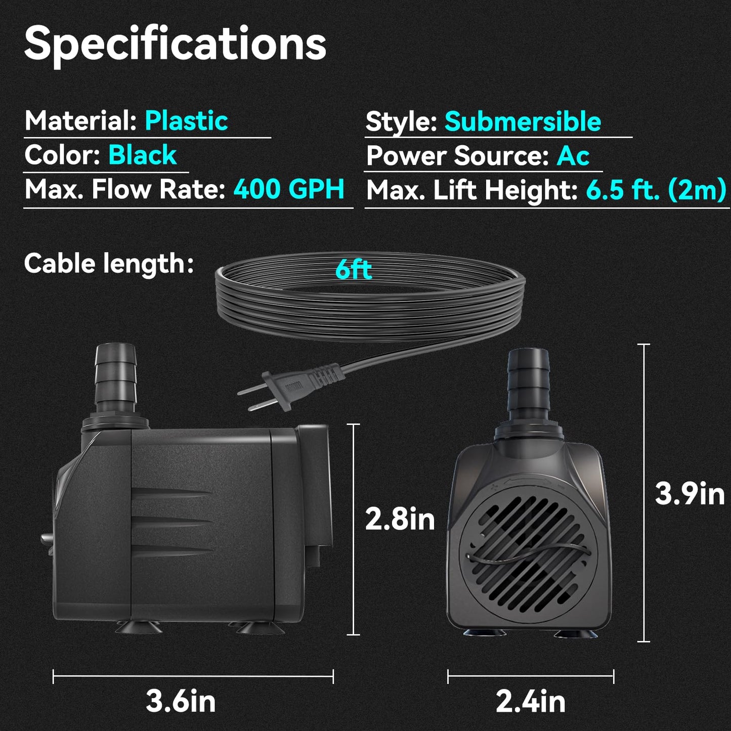 Zoronk 400GPH Auto-Shut-OFF Submersible Pond Pump (1500L/H 25W) Ultra Quiet Fountain Water Pump with 6.5ft High Lift, 3 Nozzles for Aquarium, Fish Tank, Pond, Hydroponics, Statuary,Water Feature.