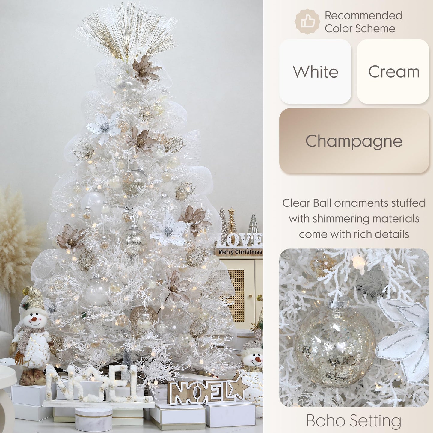 Sea Team 60mm/2.36" Shatterproof Clear Plastic Christmas Tree Ball Ornaments Set, Decorative Hanging Transparent Xmas Baubles with Stuffed Delicate Decorations (30 Counts , Champagne)