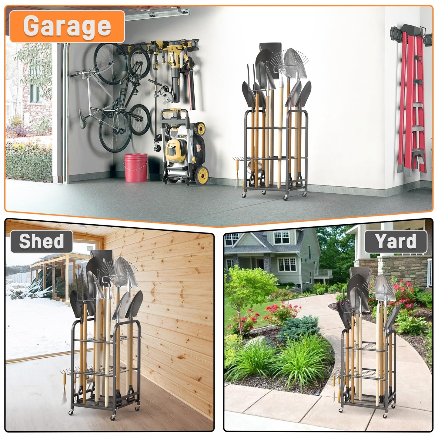 TORACK Garden Tool Organizer Stand with Wheels, Rakes Shovels Yard Tools Stand for Garage, Shed, Garden, Indoor/Outdoor Long-Handled Tools Cart