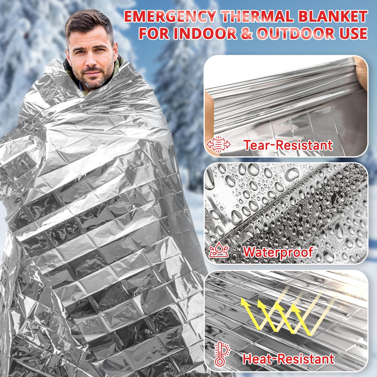 SecuCaptain Survival Emergency Thermal Blankets: 50 Pack Extra Large 84” x63” Space Mylar Blanket Kit for Outdoor Cold Winter Camping Hiking Car Bug Out Bag or First Aid
