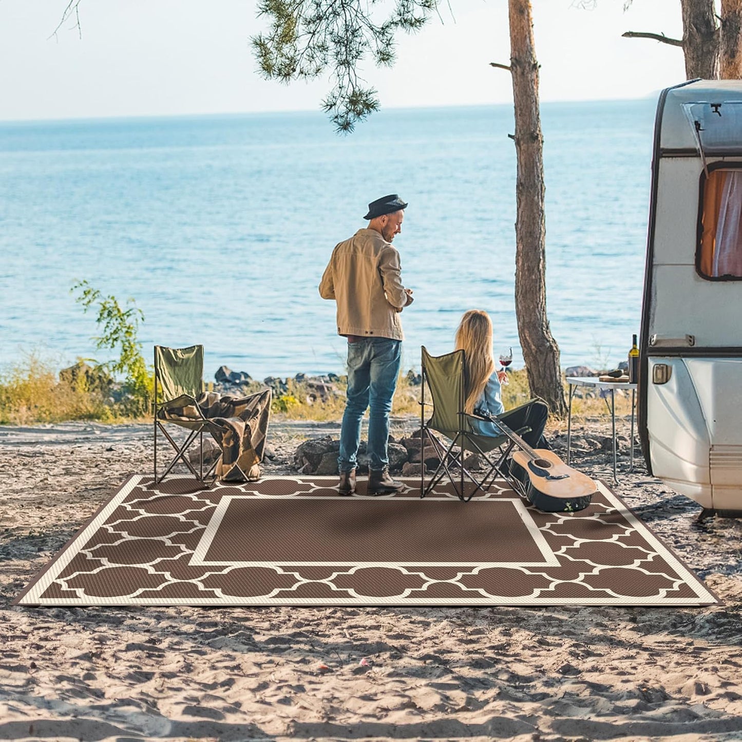 GENIMO 9' x 12' Outdoor Rug Waterproof for Patio Decor, Foldable Reversible Plastic Straw Area Rugs Mat for Camper, Outside Carpet for Rv, Deck, Porch, Picnic, Beach, Balcony, Coffee & Beige