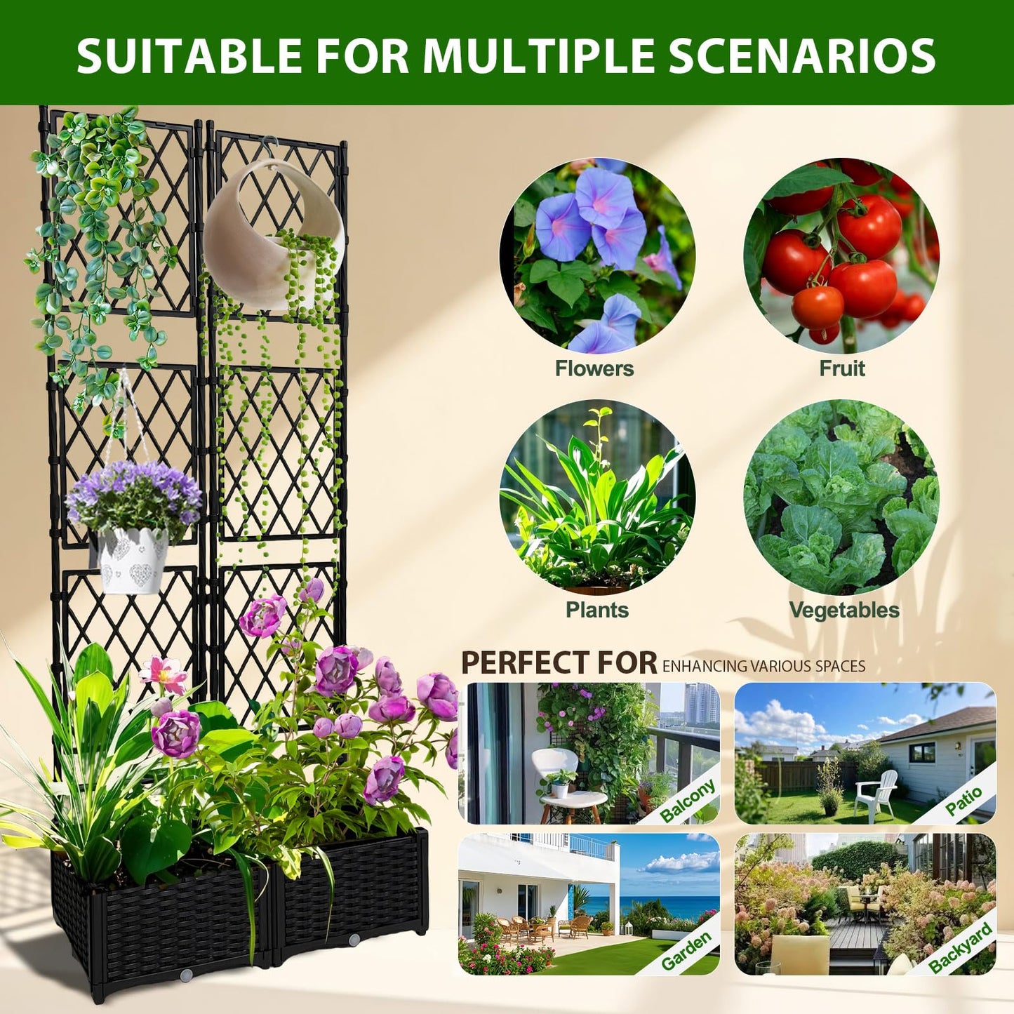 BUKLIYN Planter with Trellis - Raised Garden Bed with Trellis 75.5"x31.5"x16", Privacy Screen Planter Box with Drainage Hole, Outdoor Raised Garden Bed for Climbing Plants