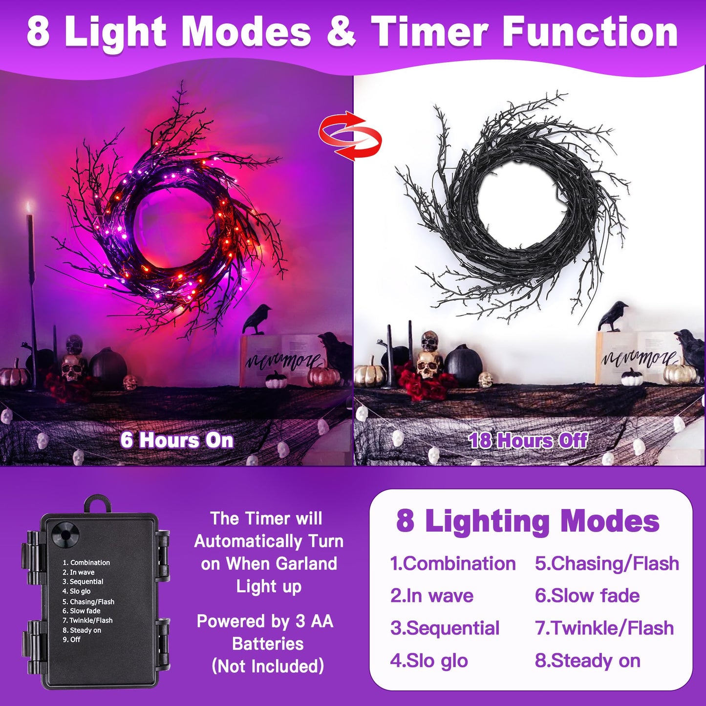 9FT 72 LED Willow Vine Twig Decorations Black Halloween Garland with Orange & Purple Light, 8 Modes Battery Operated Halloween Lights Indoor for Mantle Fireplack Table Home Office Room Party Decor