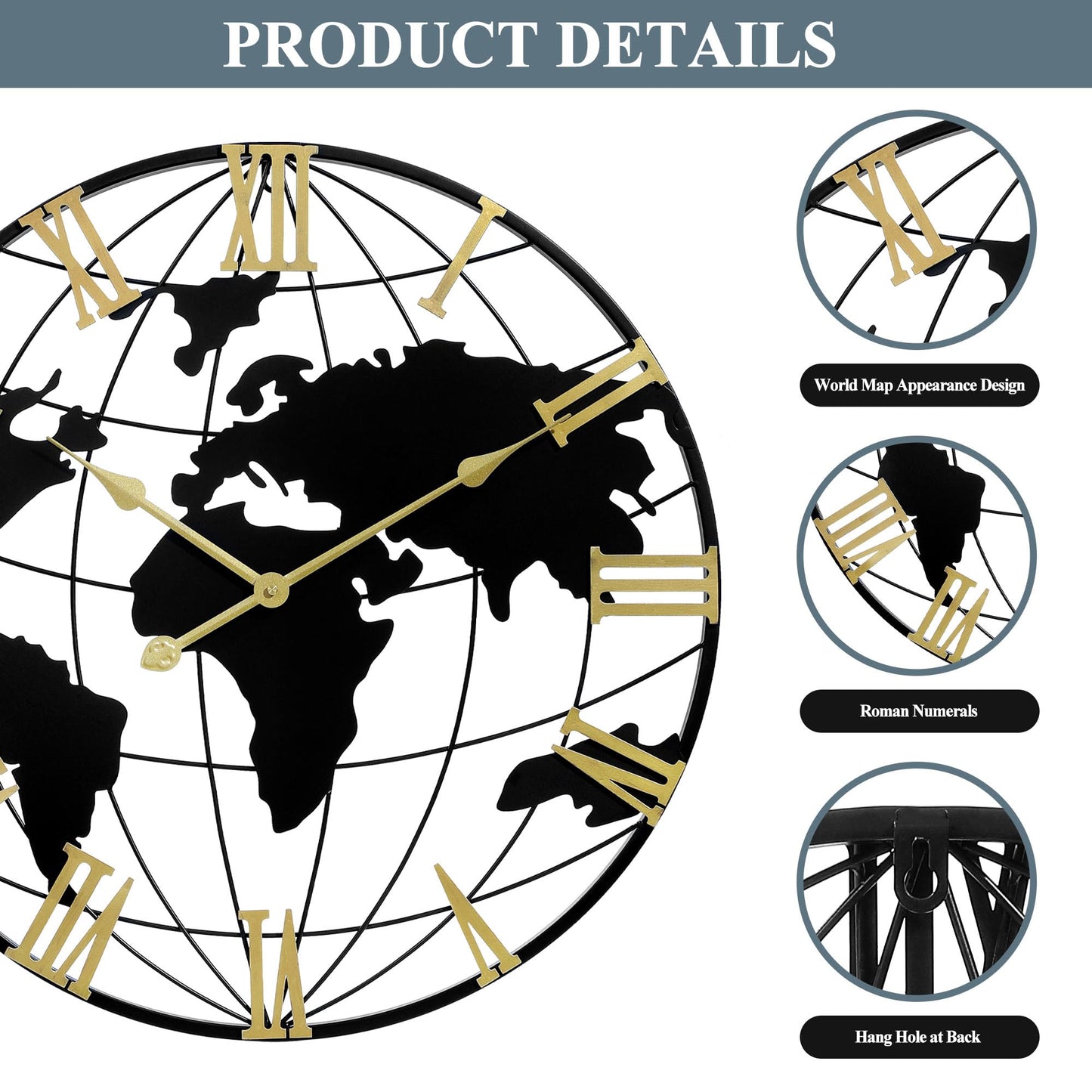 LEIKE Large Wall Clock 24IN, World Map Modern Style Wall Clocks, Big Clock for Wall Living Room Decor, Office Wall Decor, Silent Non-Ticking for Bedroom, Kitchen, School