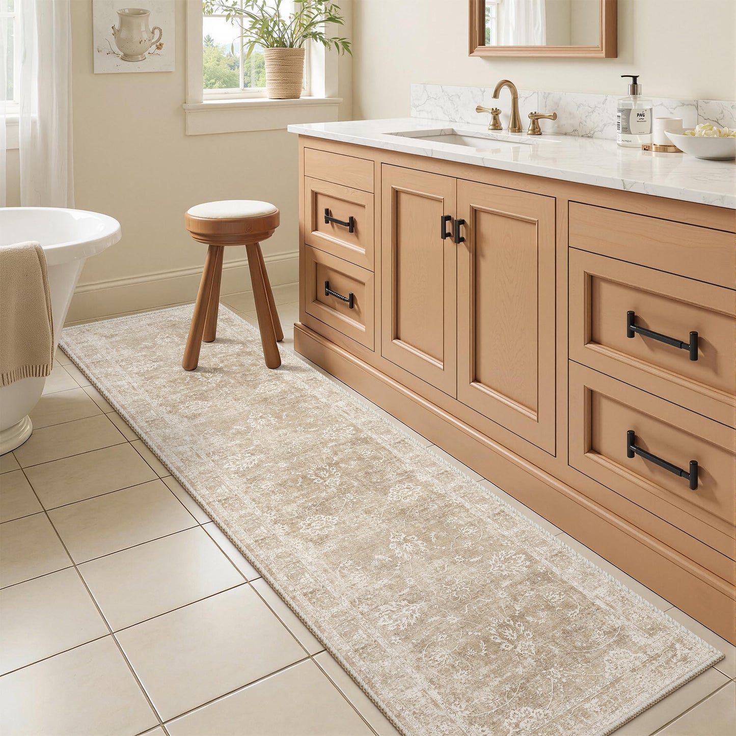 Madane Washable Runner Rug 2x6, Kitchen Hallway Runner Rug with Non-Slip Rubber Backing, Vintage Soft Low Pile Carpet Runner for Entryway Laundry Bathroom Bedroom Living Room (2 x 6, Beige/Brown)