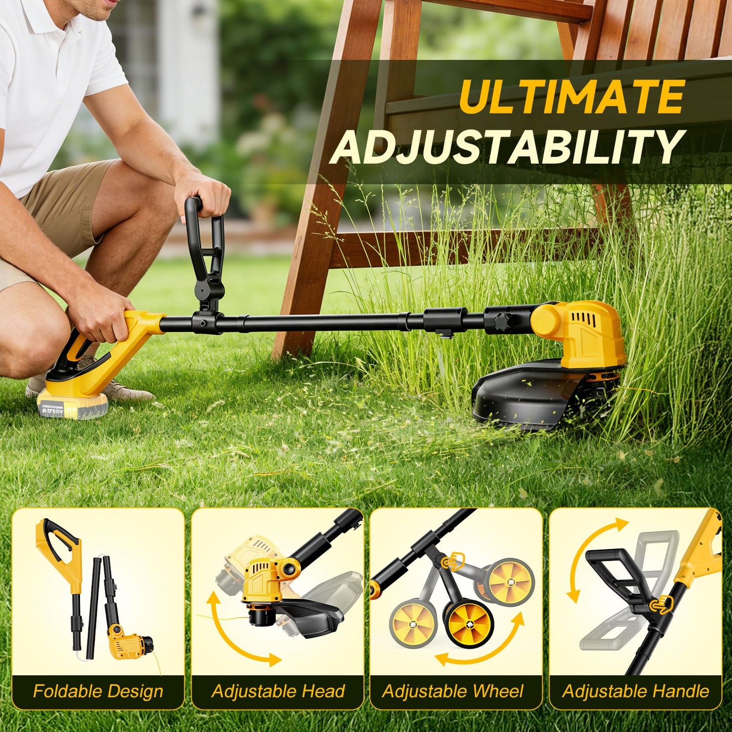 Cordless String Trimmer for Dewalt 20v Battery(Battery Not Included), 3-in-1 Weed Wacker Edger Grass Trimmer with Wheel, Lightweight Weed Eater Battery Powered w/8 Line Spools
