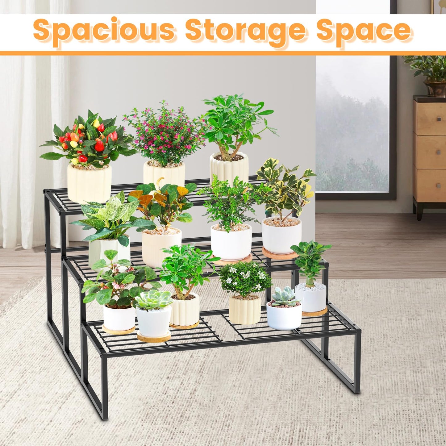 Gouisalin 3 Tier Metal Plant Stand Indoor Outdoor, Potted Multiple Flower Pot Holder Rack Plant Shelf, Heavy Duty Planter Display Shelving for Patio Balcony Garden Living Room Decorative (3 Tier- Black)