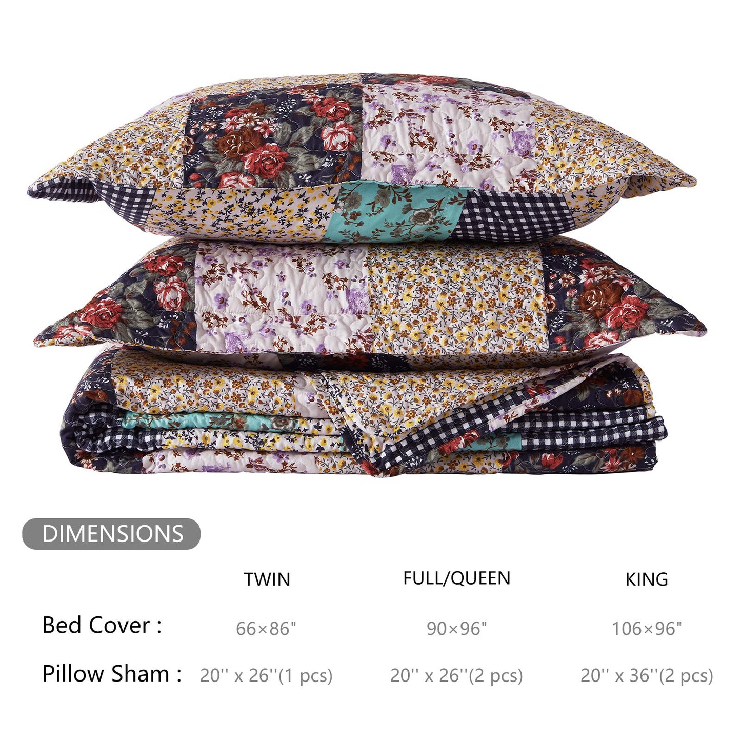 SunStyle Home Patchwork Quilt King Size, Soft Durable Quilted Bedspread Lightweight Comforter Reversible Boho Printed Bed Coverlet Blanket King Quilt Bedding Set with Pillow Shams for All Season 3Pcs