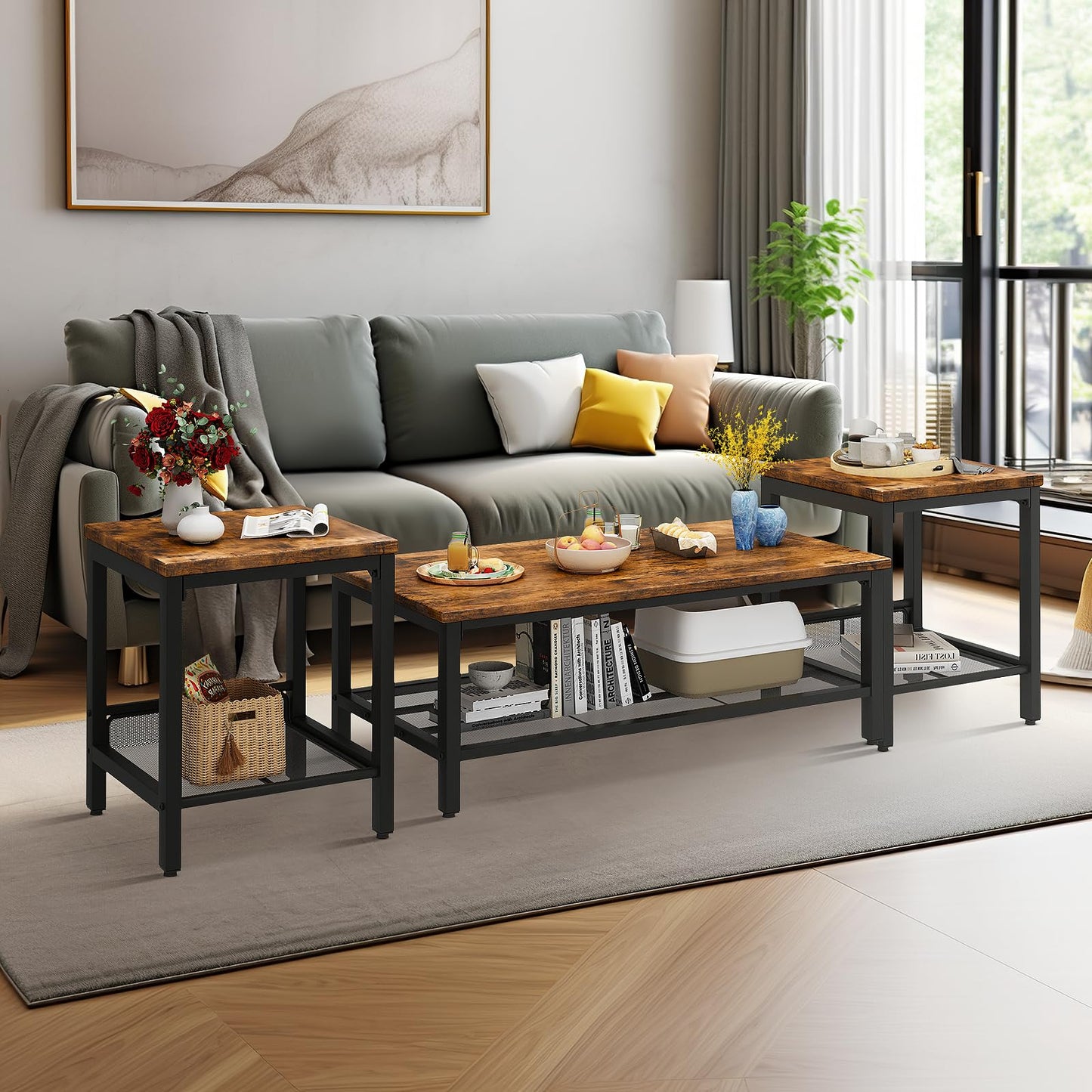 DKLGG Coffee Table Set of 3, Vintage Wood Coffee Table & 2 End Tables, Square Tabletop Modern Industrial Living Room 3-Piece Set for Apartment Home Office, Rustic Brown