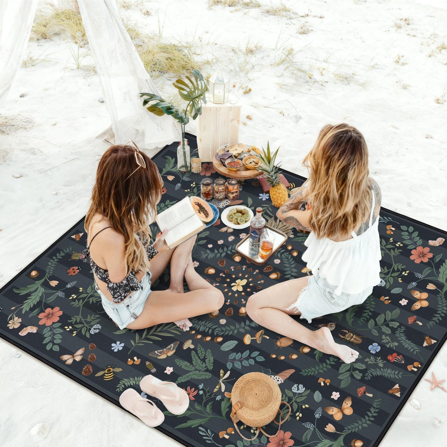 Mushroom Picnic Blankets Waterproof Foldable, 60″X80″ Packable Picnic Mat Insect Outdoor Blanket for Grass, Boho Large Beach Blanket Sandproof Picnic Accessories for Camping Music Festival Park Lawn
