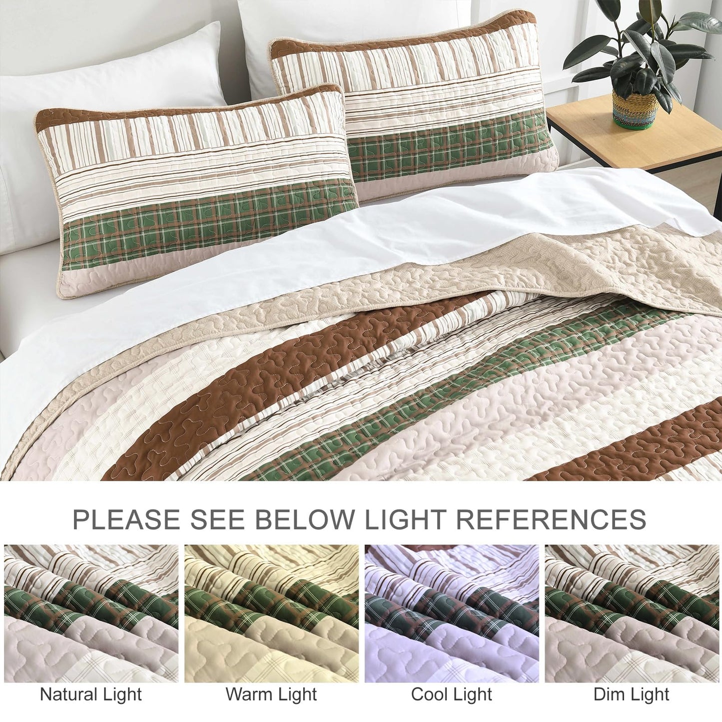 DJY Striped Quilt Set Queen Size, Boho Brown Green Striped Bedspread Coverlet Set Soft Microfiber Patchwork Quilt Bedding Set 3 Pieces for All Season(96"x90")