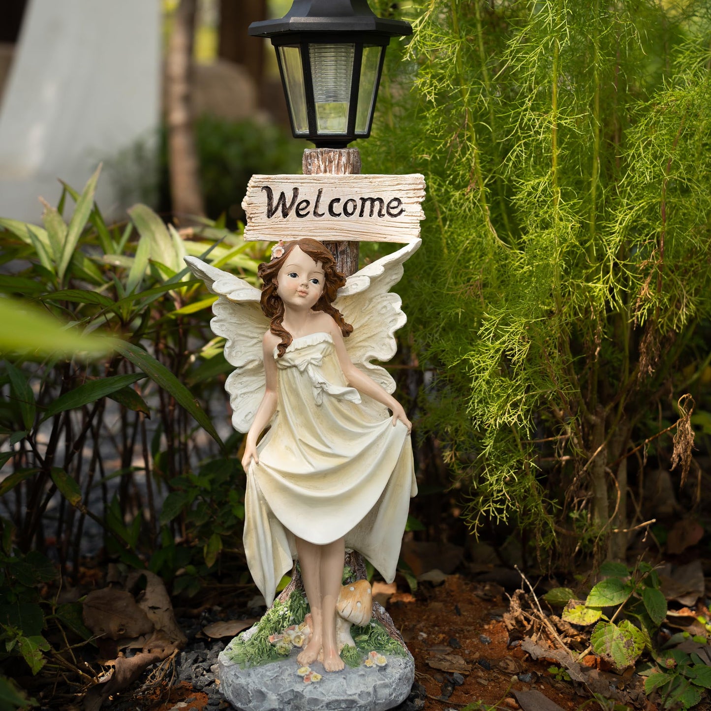Floryden Garden Fairy Solar Light Welcome Sign, 22" in Height, Decorative Outdoor Statue with Auto Light-Up Feature