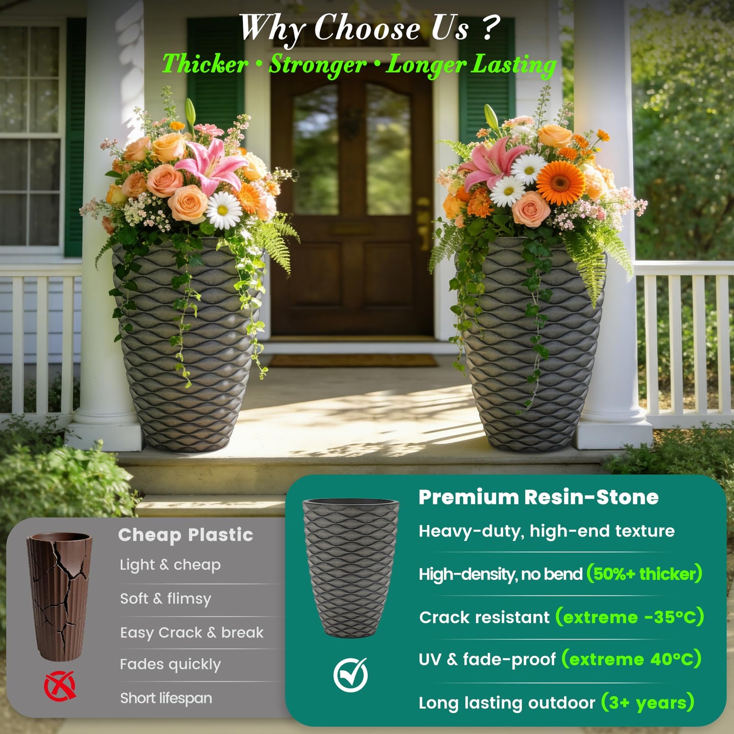 Ultym 19" H Coastal Planter for Indoor/Outdoor Plants, Set of 2 Large Flower Pot with Drainage Hole, Weather-Resistant Resin Planters for Garden Patio Porch Home Office Decor, Rustic Black Wavy