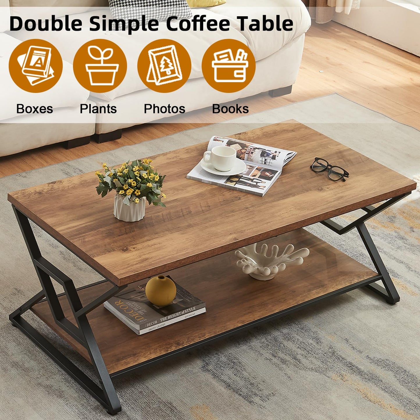 HOMISSUE Coffee Table, Rustic Rectangle Coffee Table with 2-Tier Storage, Engineered Wood Center Table with Open Shelves, Minimalist Coffee Table for Living Room, 47 Inch, Oak Brown