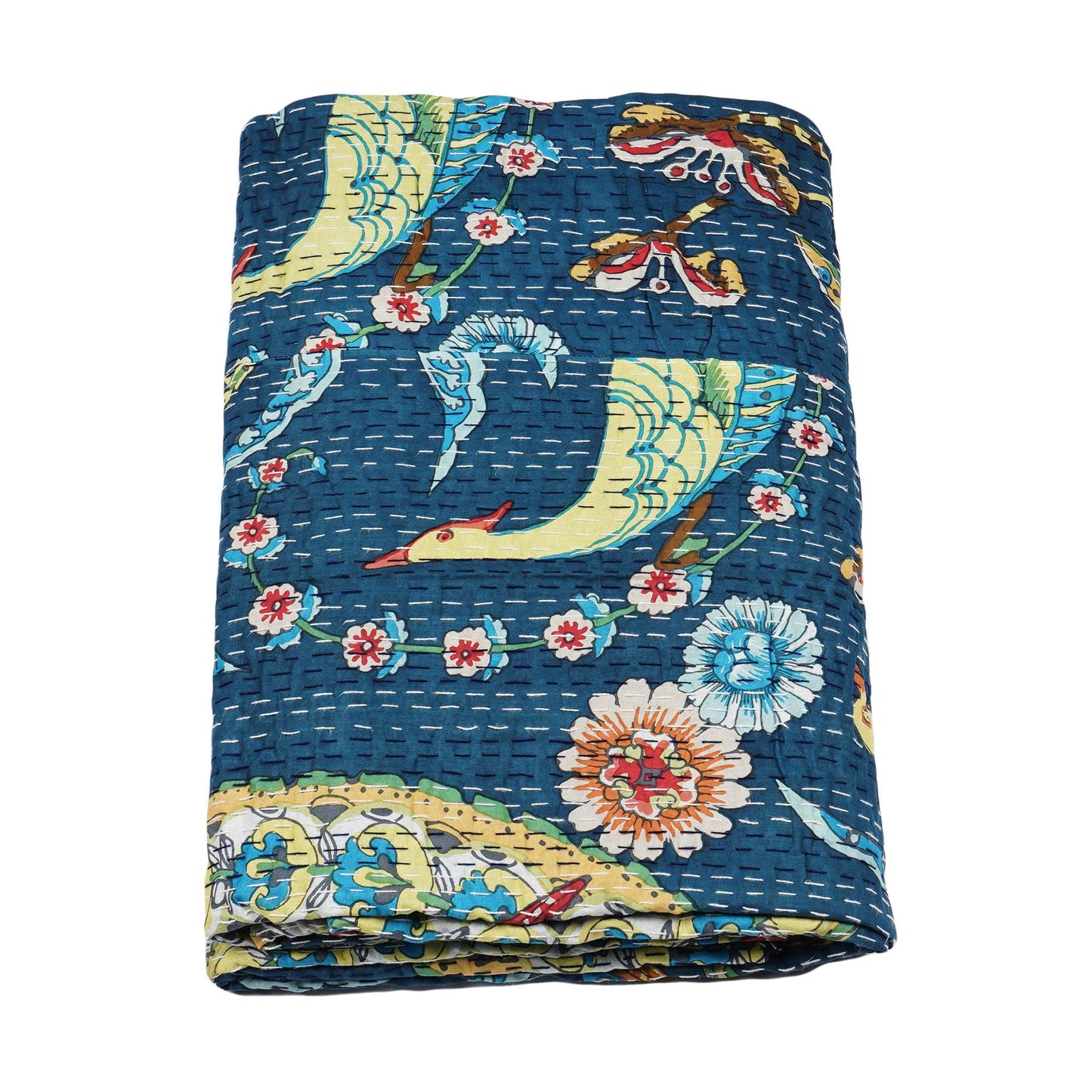 Marubhumi Indian Handmade Traditional Unique Print Kantha Quilt Throw Blanket Bespread Hand Stitched with Love (Navy, Queen (90"x 108"))