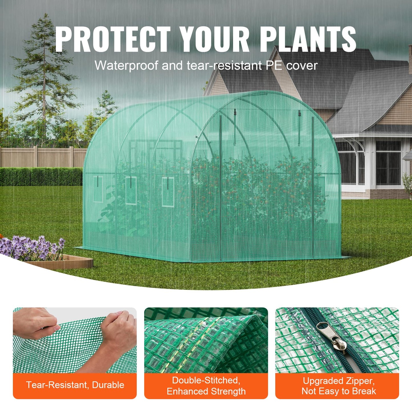 VEVOR Walk-in Tunnel Greenhouse, 9.6x6.4x6.2 ft Hoop House Greenhouse Tunnel, Plant Hot House with Galvanized Steel Frame, Green PE Cover, Roll-up Zipper Door and 6 Windows for Outdoor