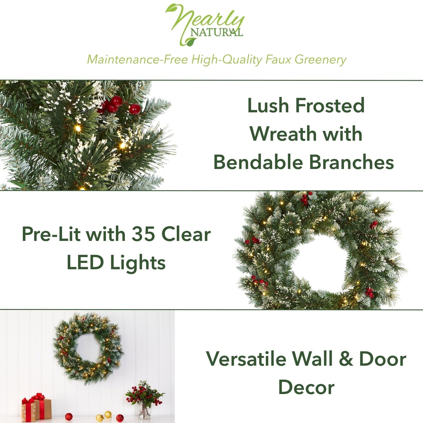 Nearly Natural 24in. Frosted Swiss Pine Artificial Wreath with 35 Clear LED Lights and Berries, Green, 5x24x24