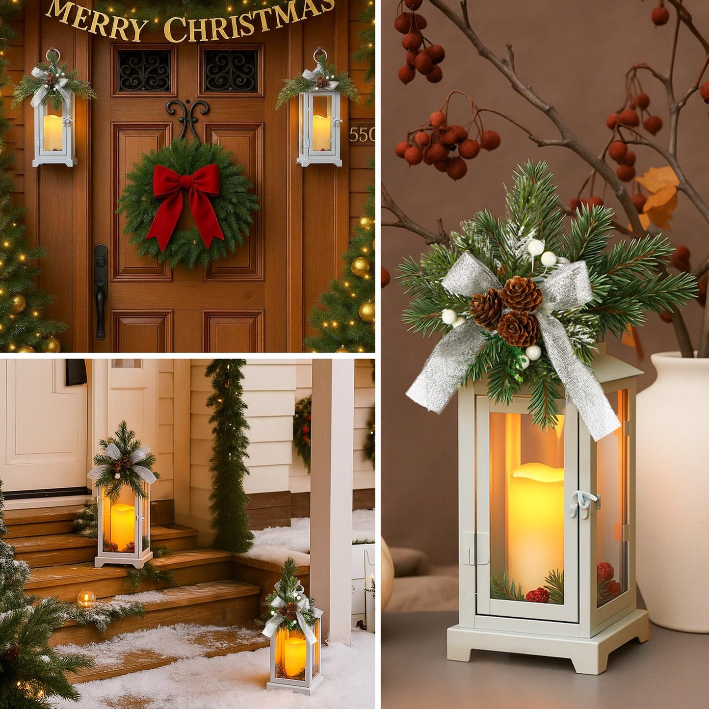 Baquler White 2 Pcs Christmas Metal Candle Lantern and LED Fake Candles 12'' and 15'' Decorative Lanterns with Xmas Ornament Porch Lanterns Indoor Outdoor Decoration Party Gift