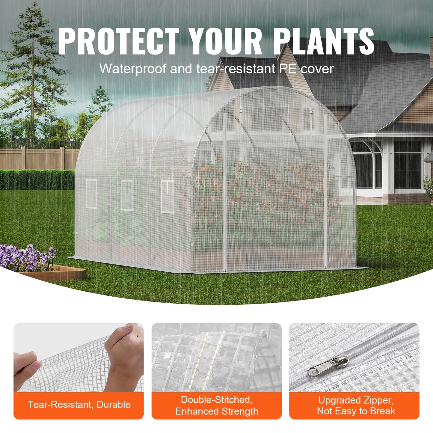 VEVOR Walk-in Tunnel Greenhouse, 9.6x6.4x6.2 ft Hoop House Greenhouse Tunnel, Plant Hot House with Galvanized Steel Frame, White PE Cover, Roll-up Zipper Door and 6 Windows for Outdoor