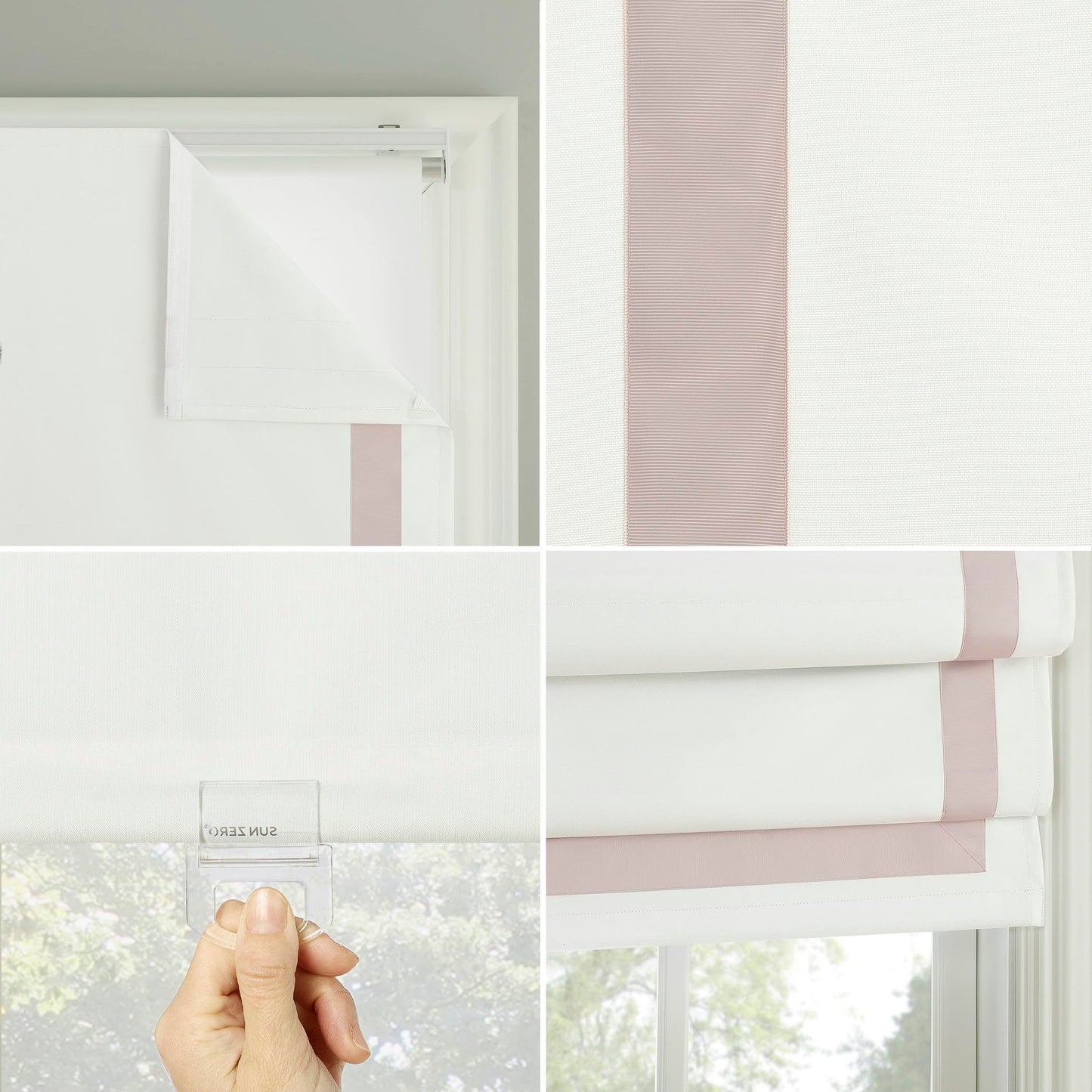 Sun Zero Marline Pink Ribbon Border 100% Total Blackout Cordless Roman Shade, Pink/White, 35" W x 64" H