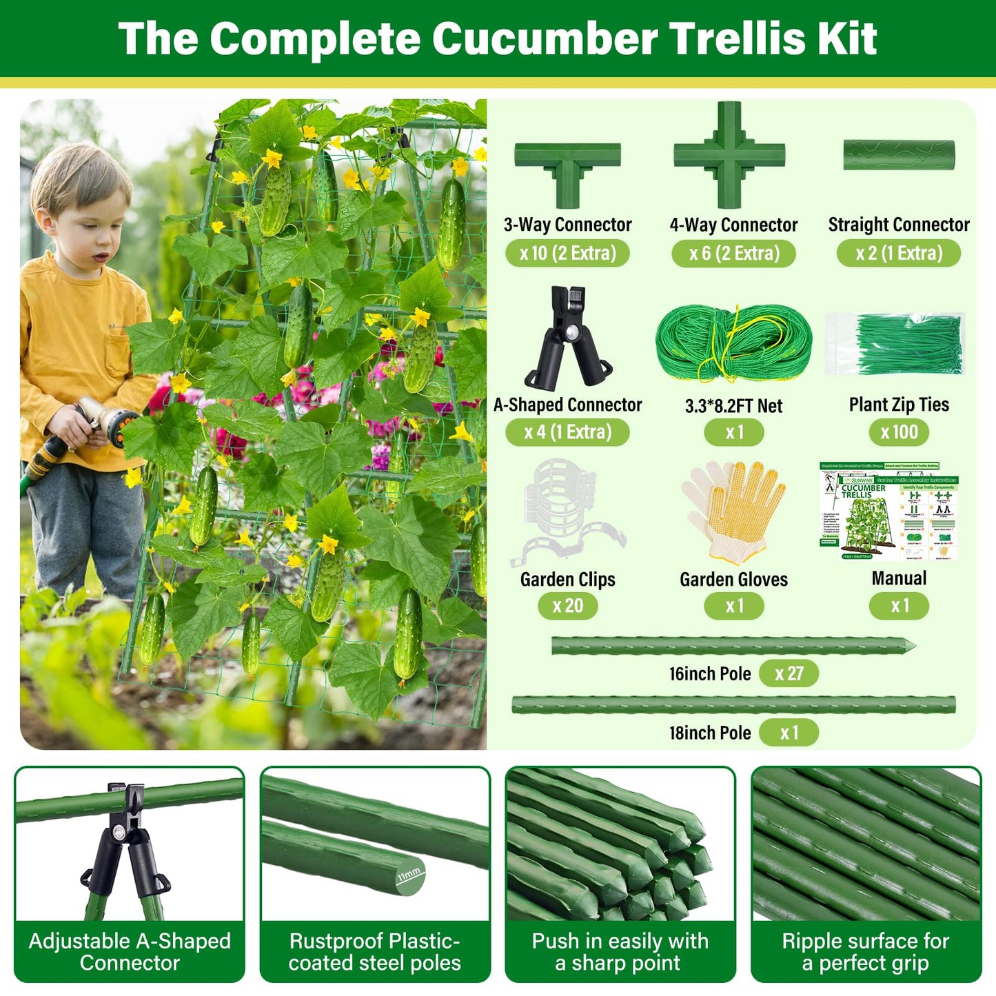 Sunwinx 35x51 Inch Cucumber Trellis for Raised Bed, Adjustable A-Frame Garden Trellis for Climbing Plants Outdoor with Climbing Net, Meal Plant Trellis for Vegetables Pea Bean Tomato Squash Grape
