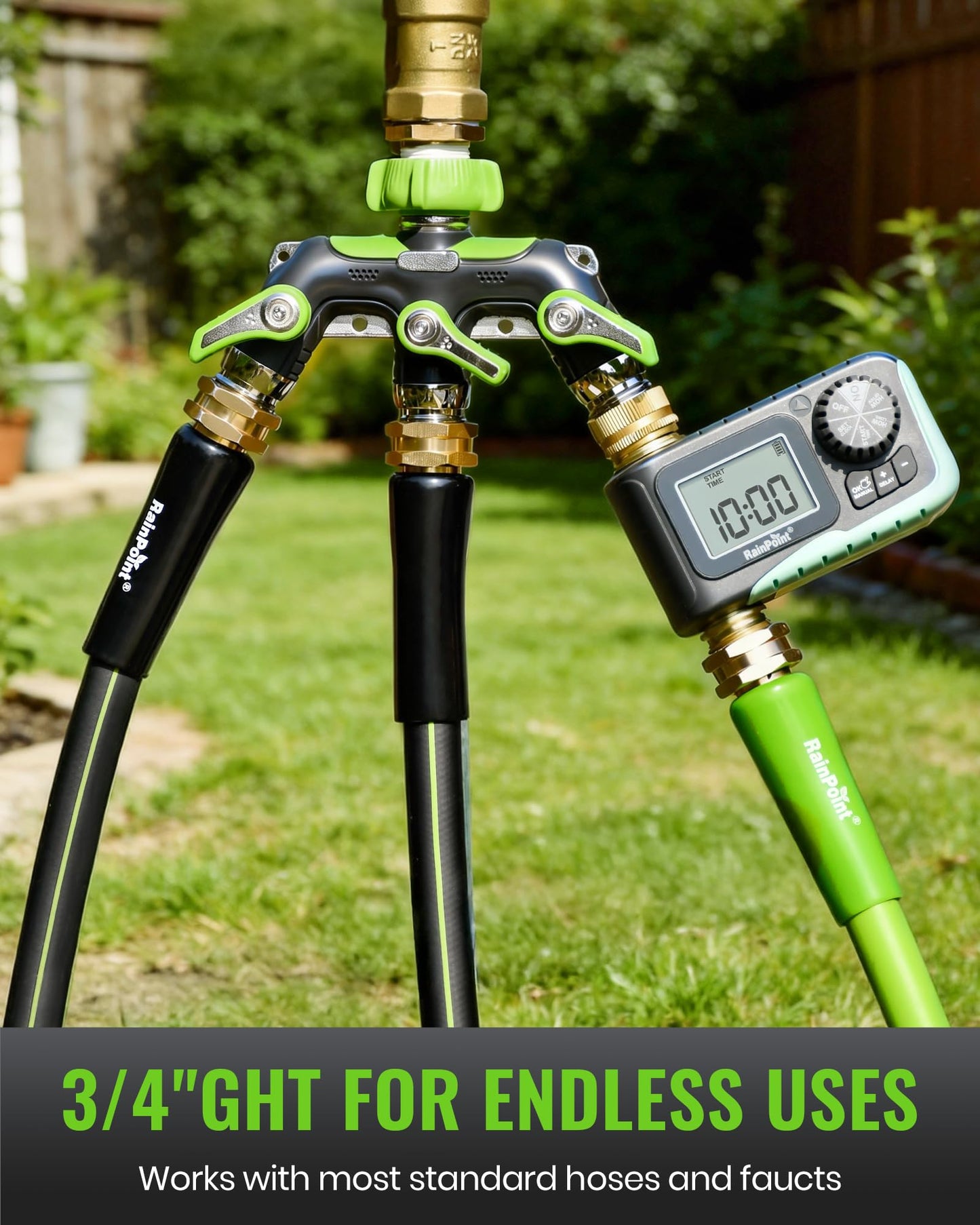 RAINPOINT 3 Way Hose Splitter, 100% Metal Heavy Duty Garden Hose Splitter With 1.9" Extra Long Handle & Individual Shut Off, 3/4 Inch GHT Thread Water Hose Connector For Outdoor Spigot Faucet (Green)