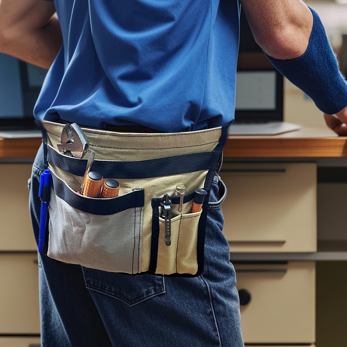 5-Pocket Utility Tool Belt Pouch for Men and Women, Adjustable Canvas Waist Belt Bag for Electrician Maintenance Gardening Carpentry, Durable Multi Work Apron for Tools & Accessories (Gray)
