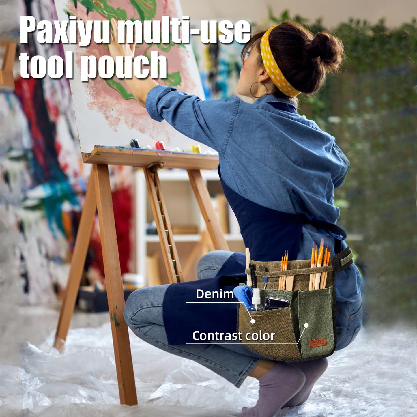 Paxiyu Garden Tool Belt for Men & Women, Denim Wide Adjustable 5-Pocket Waist Garden Apron - Heavy Duty Tool Pouch for Gardening, DIY, Carpenter, Woodworking, Painting, Seamstress, and Crafts (Green)