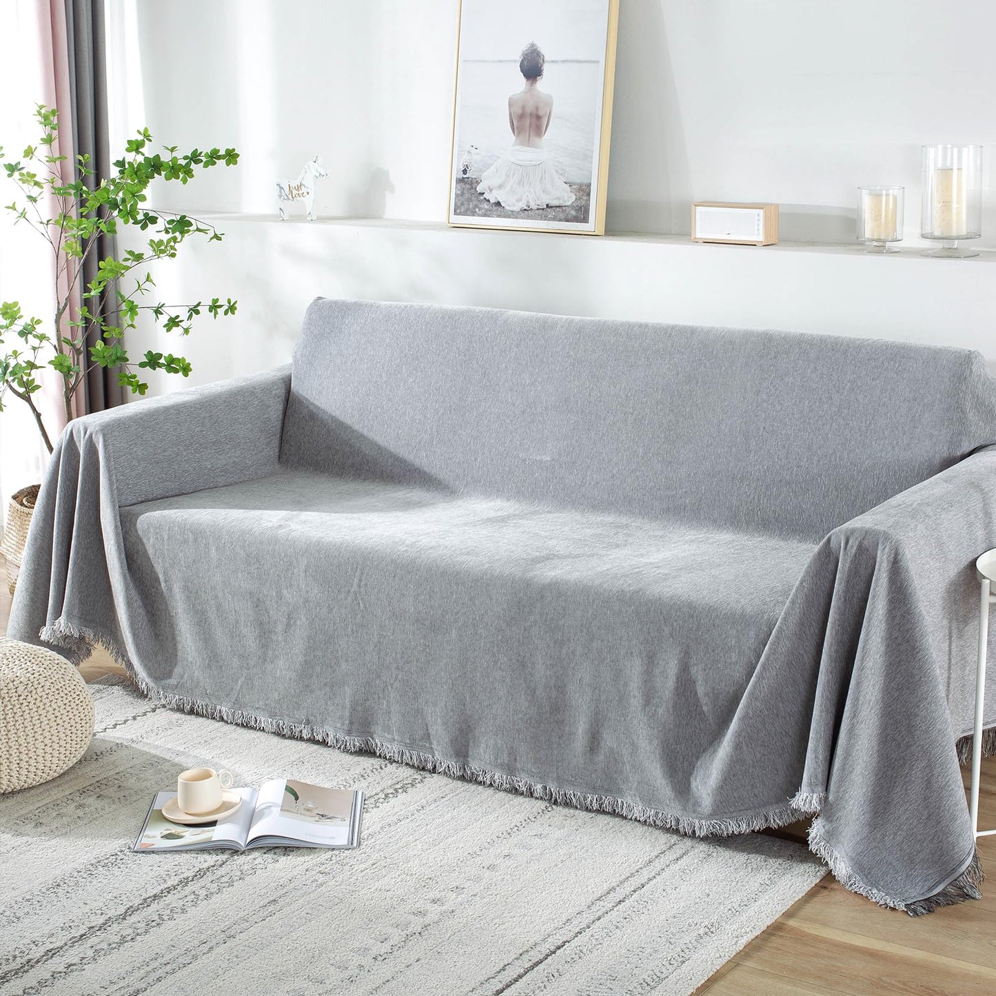 Foreate Sofa Cover Throw Couch Cover with Tassels Chenille Sectional Sofa Cover Blanket - Furniture Protector Couch Slip Cover Machine Washable for Pets Kids Dogs, 71’’ x 134’’, Light Grey-Tassel