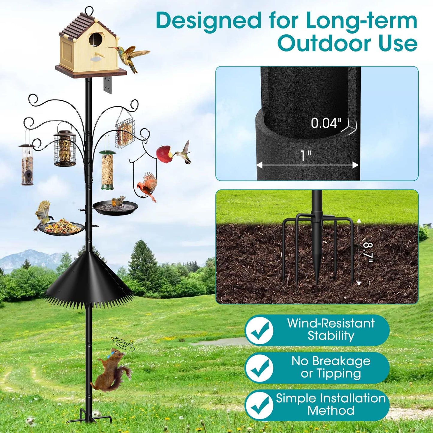 MQHUAYU 108 Inch Bird Feeder Pole Squirrel Proof, Heavy Duty Bird House Pole, Adjustable Bird Feeder Stand with 5 Shepherds Hooks, 2 Mental Trays, Hummingbird Swing