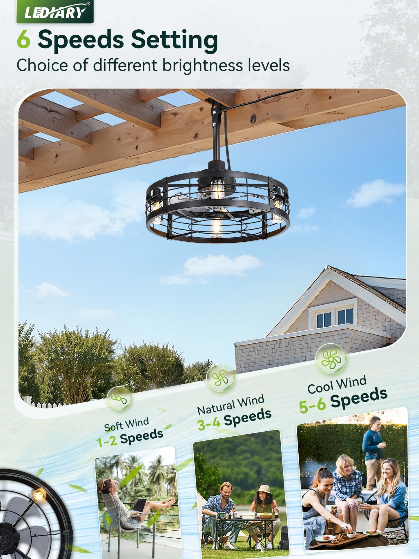 LEDIARY 22" Outdoor Ceiling Fans with Light, Waterproof Gazebo Fan with Hanging Hook, Plug in Ceiling Fan with Remote,Caged Ceiling Fan with 6 Speed Timer for Patio, Porch, Pergola, Black