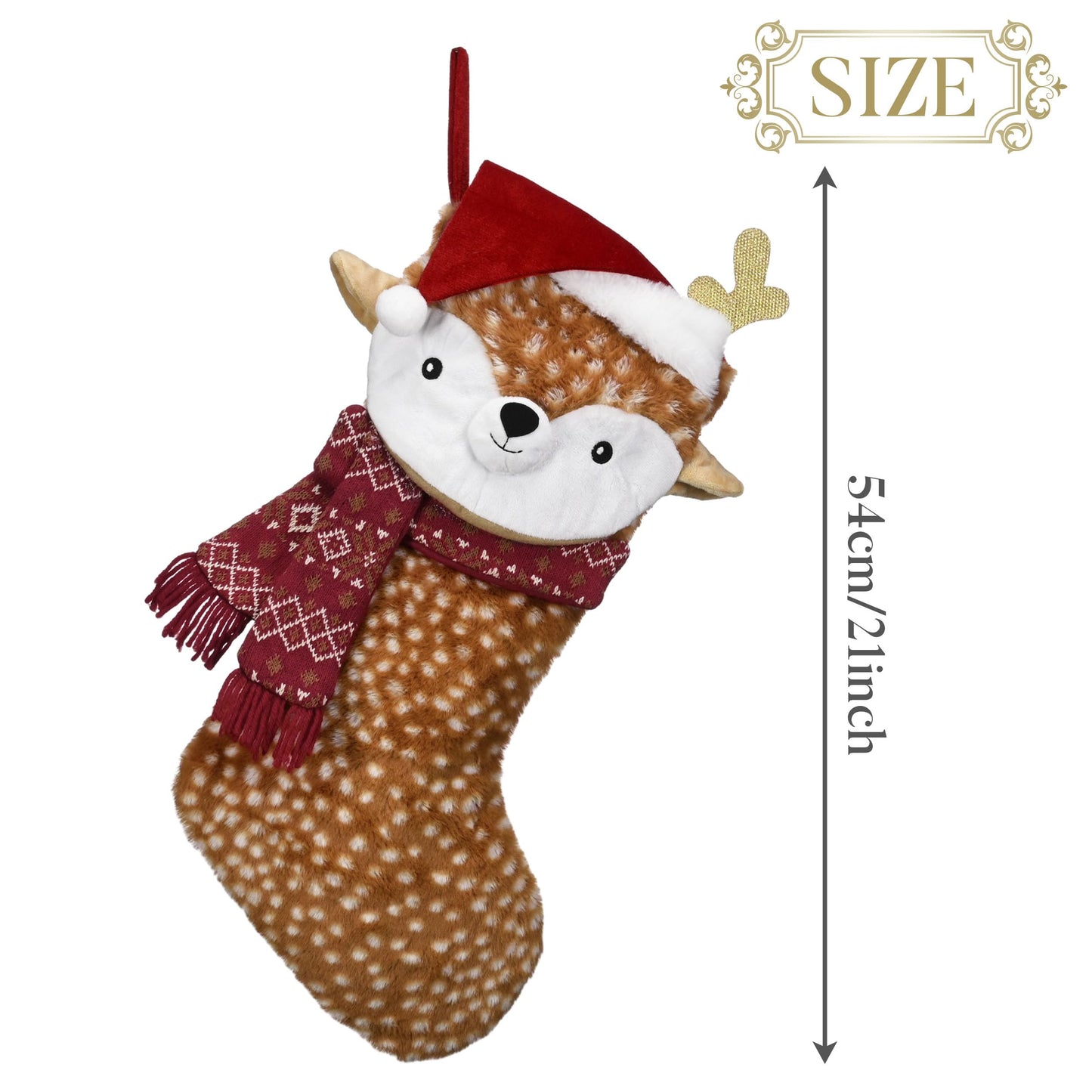 Valery Madelyn Christmas Stockings Decorations, 21 Inch Fabric Red Brown Sika Deer Cute Plush Personalized Fireplace Hanging Ornament for Holiday Xmas Party Decor