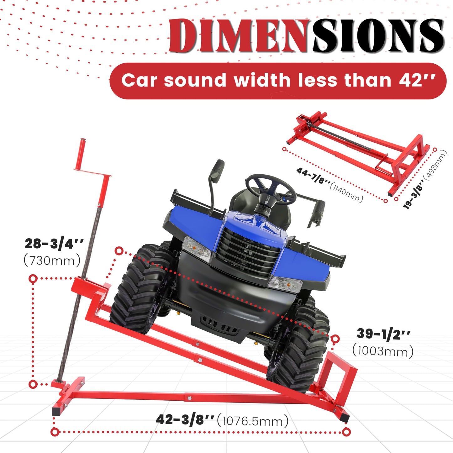 HECASA Lawn Mower Lift Jack 882lbs Universal Fit for Ride on Lawn Mowers & Garden Tractors Adjustable Telescopic Maintenance Jack Lifting Platform with Manual Handle Red Steel Powder Coated