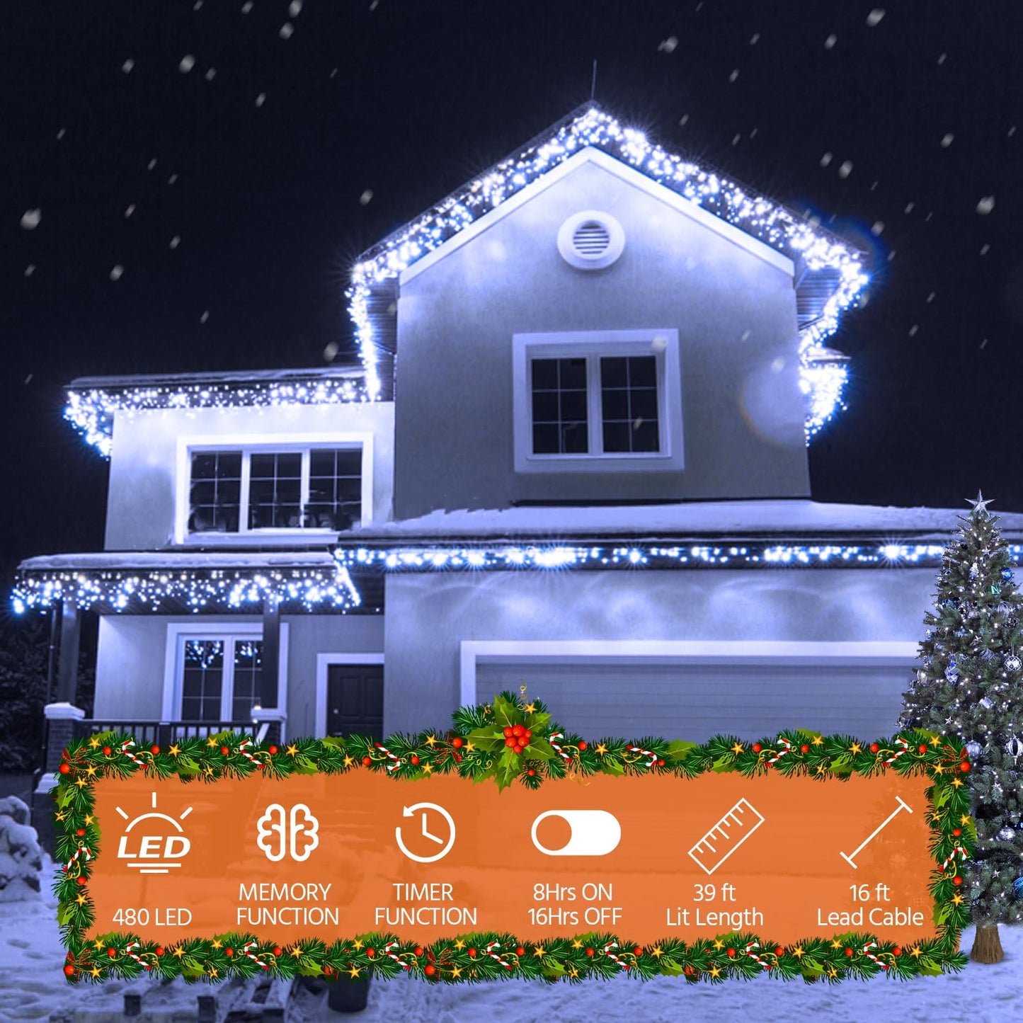 USOKYO Icicle Christmas Lights Outdoor, 480 LED 39FT String Lights With 96 Drops, 8 Modes and Timer, Twinkle Fairy Lights for House Patio Bedroom Wedding (Cool White)