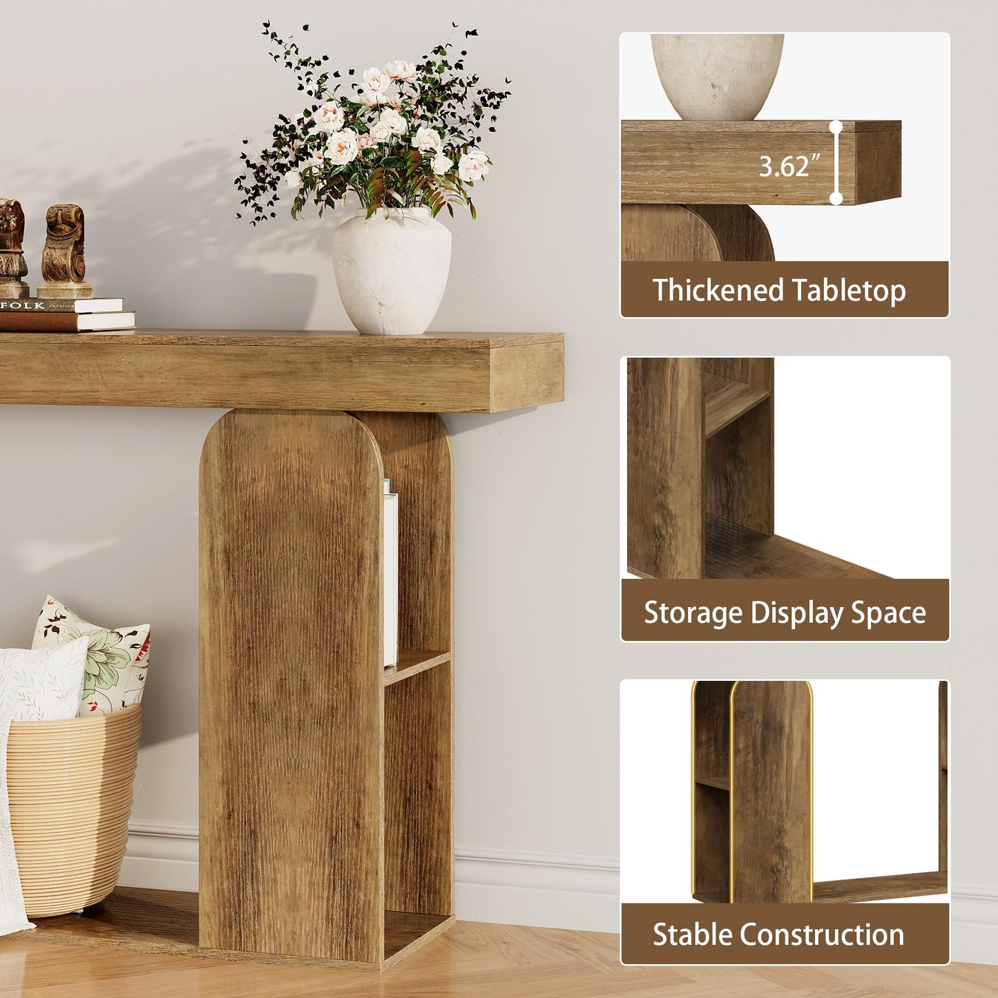 Tohomeor 54 Inch Long Console Table, Farmhouse Entryway Table Wood Narrow Sofa Table Behind Couch, Hallway Accent Table Furniture for Living Room, Foyer, Retro Brown