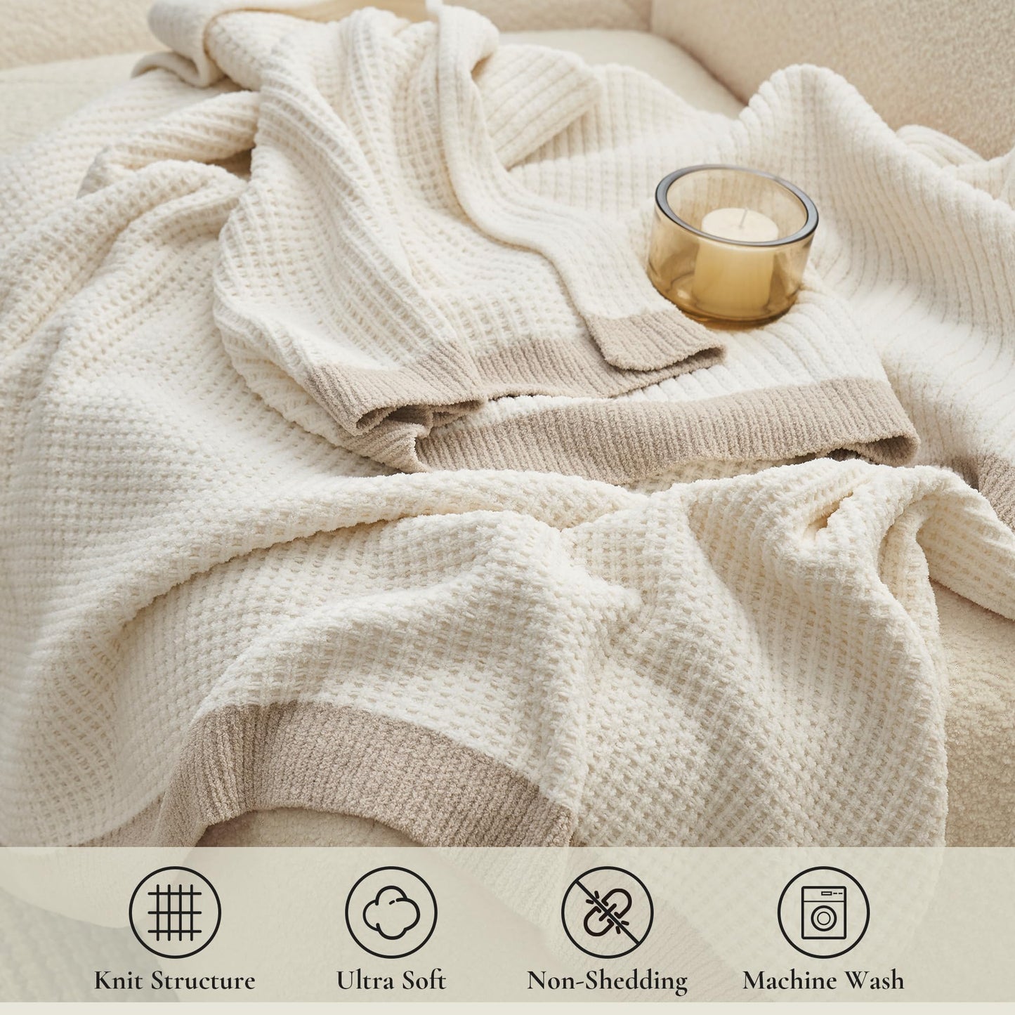 Amélie Home Chenille Throw Blanket, Soft Cozy Waffle Throw for Couch & Sofa, Warm Yet Lightweight, Breathable All-Season Throws for Women Men, Housewarming, Birthdays, 50"x60", Ivory