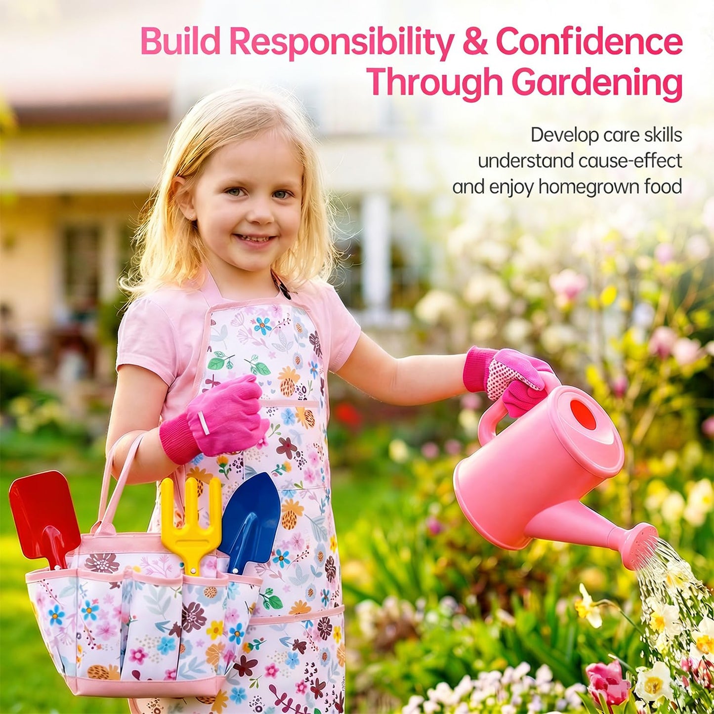 Kids Gardening Set - Gardening Tools for Kids includes Watering Can, Shovel, Rake, Gloves, Waterproof Apron and Garden Tote Bag, Children Garden Tool Outdoor Toys Gifts for Boys Girls Age 3 4 5 6 7 8