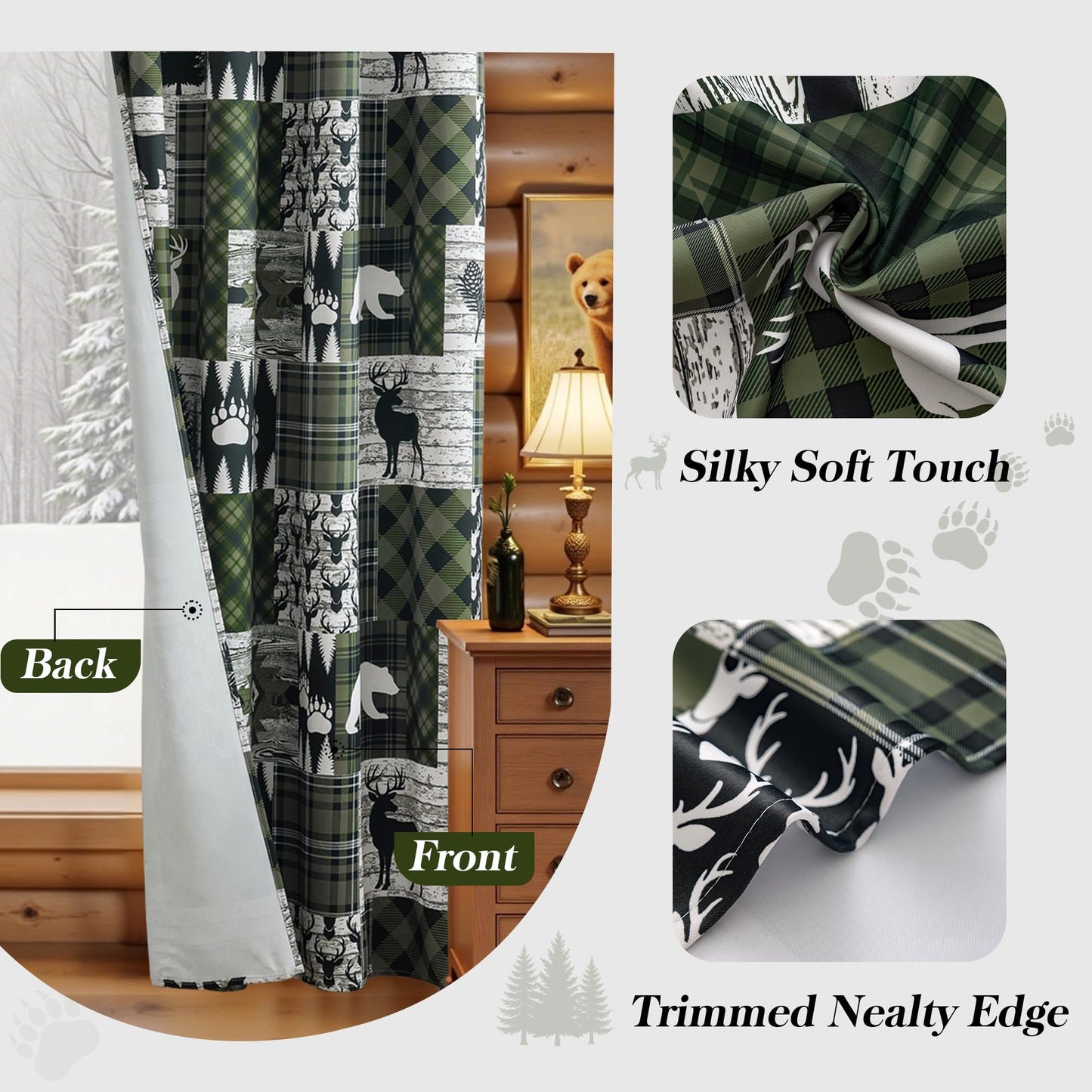 Dark Green Rustic Cabin Curtains 2 Panels Country Curtain 50% Light Blocking Darkening Grommet Window Treatments Farmhouse Patchwork Plaid Drapes Decorative for Living Room Bedroom, 52x96 inches