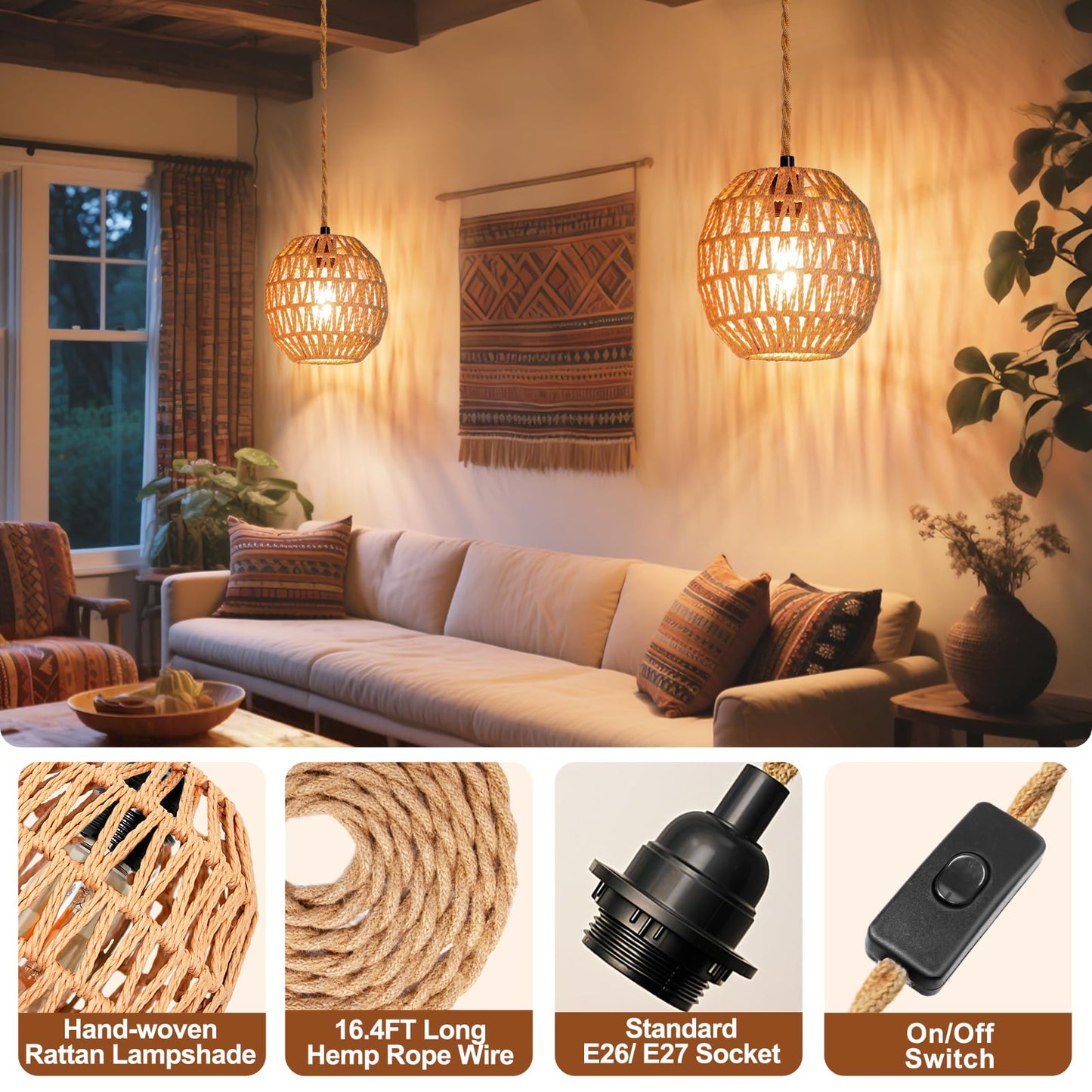 Maliralt Hanging Lamps Rattan Pendant Light Hanging Lights 16.4ft Plug in Cord Pendant Light Fixture Plug Into Wall Outlet Pendant Lighting with On Off Switch for Bedroom Living (Egg Shade)